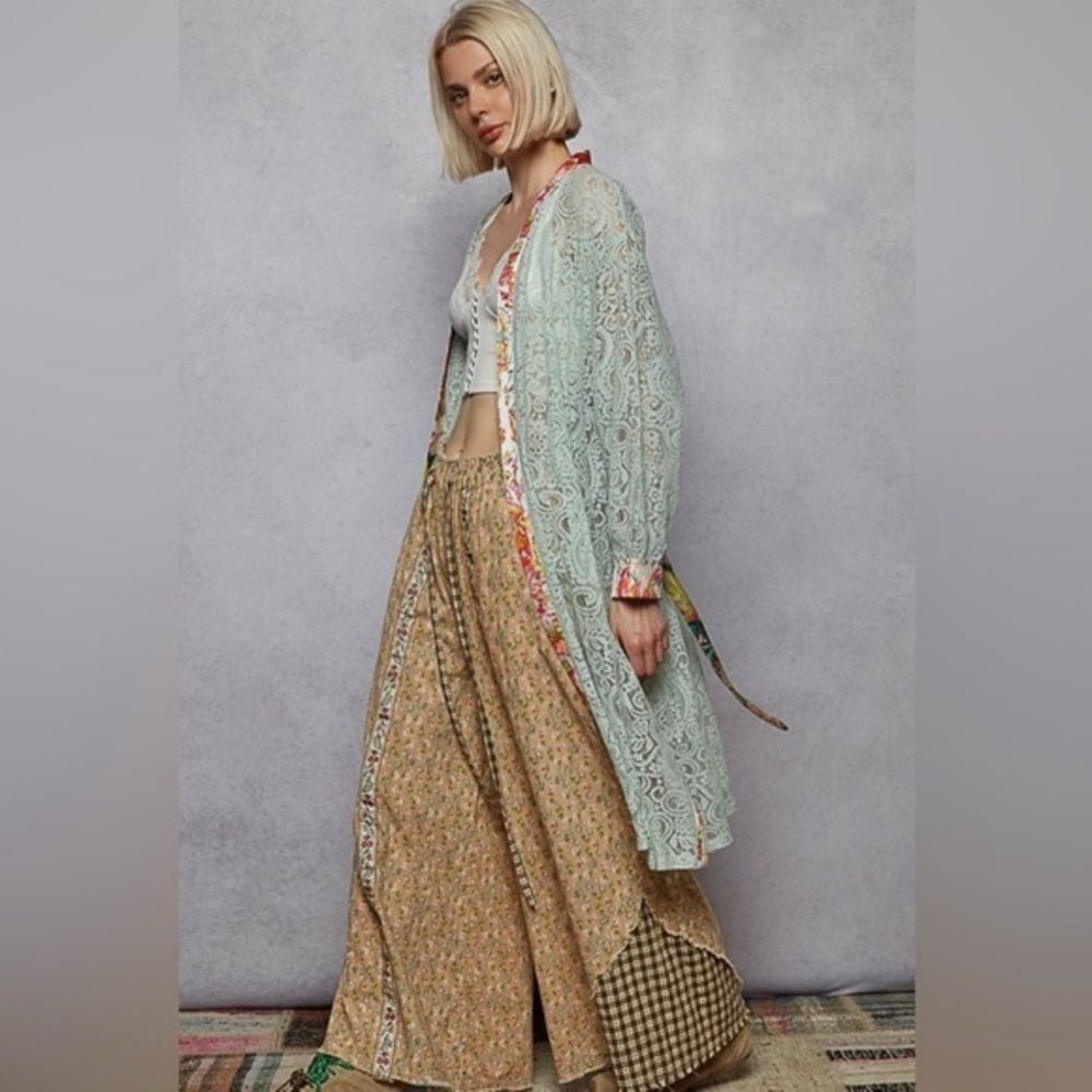 POL Sheer Moonlace Kimono Cardigan Duster romantic fairy mint green belted small